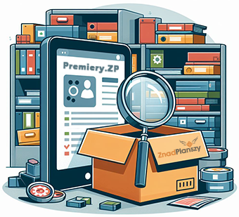 Logo Premiery.ZP (lupa przeszukująca stertę pudełek, w tle tablet)